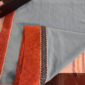Pakistani Indian Style Self-Printed Georgette Jamawar Banarsi Skyblue Rust Dupatta Scarf Stole Wrap Shawl Stone and Pearls work on borders