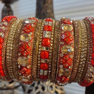 Indian Hyderabad Nizami Red and Gold with White Stones 11-Piece Bangle / Joda Set Kangan with Studded Stones Kundan Polki - SIZE 2-6