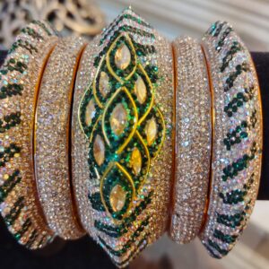 Indian Hyderabad Nizami Engagement Wedding Silver Gold and Green 5-Piece Bangle Joda Set Kangan with Studded Stones Kundan Polki - SIZE 2-10