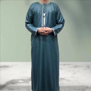 Embroidered Islamic Thobe Jubba: Green Muslim Men's Long Sleeve Robe