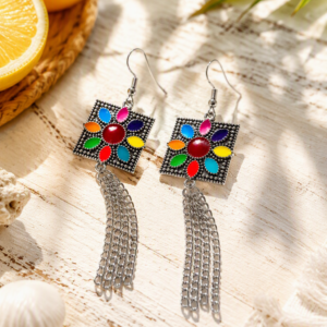 Bohemian Multicolor Mosaic Tassel Dangle Earrings | Vintage Silver Statement Earrings